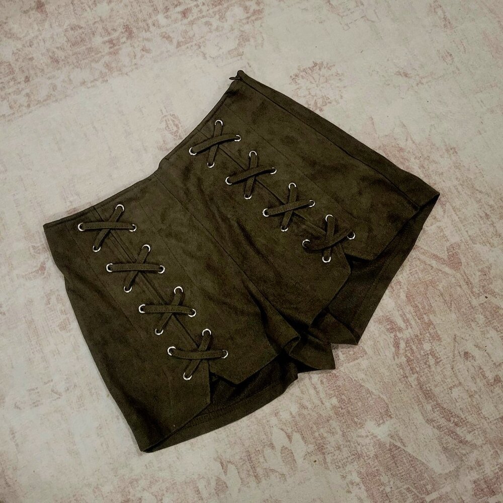 Dark Khaki Green Lace Up Suede Shorts